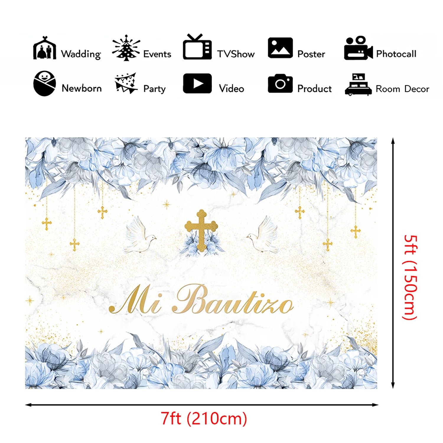 7x5ft Mi Bautizo Backdrop, Boy, Blue Floral, First Communion, God Bless