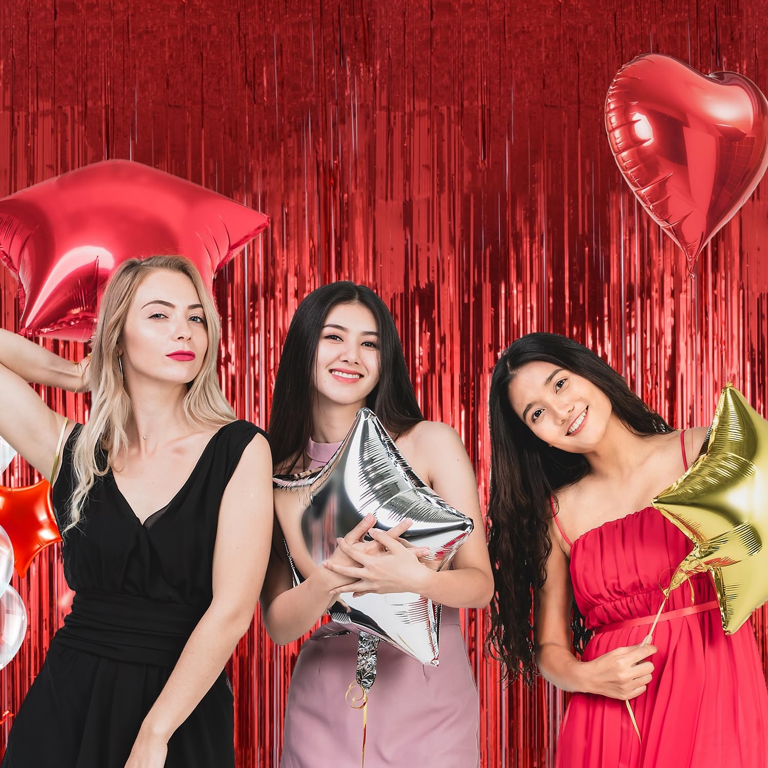 2 Pack Red Curtains Backdrop Tinsel Streamers Party Decorations 3.3×8.2 Ft