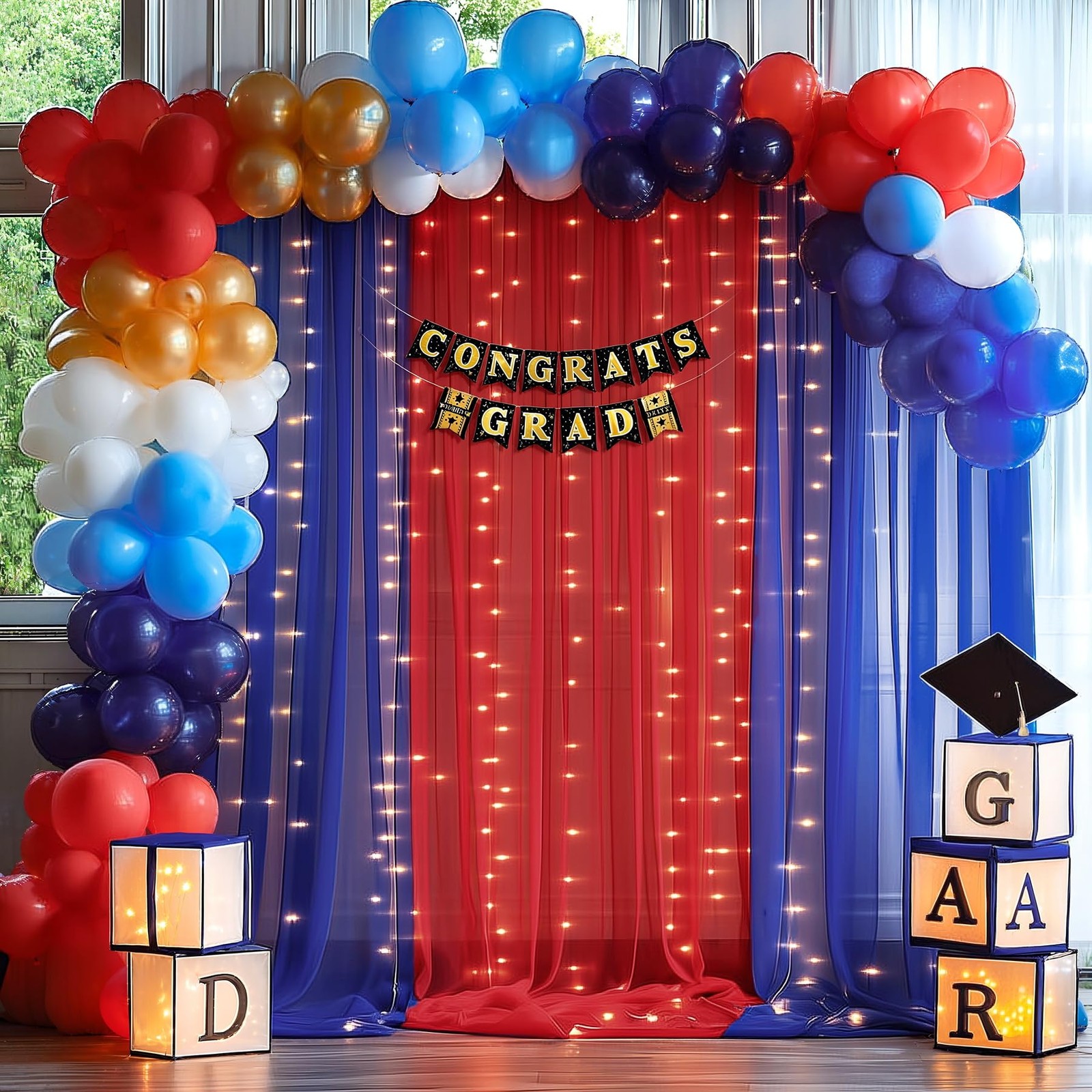 10x10ft Royal Blue Red Tulle Backdrop Curtain with Lights String for Parites,…