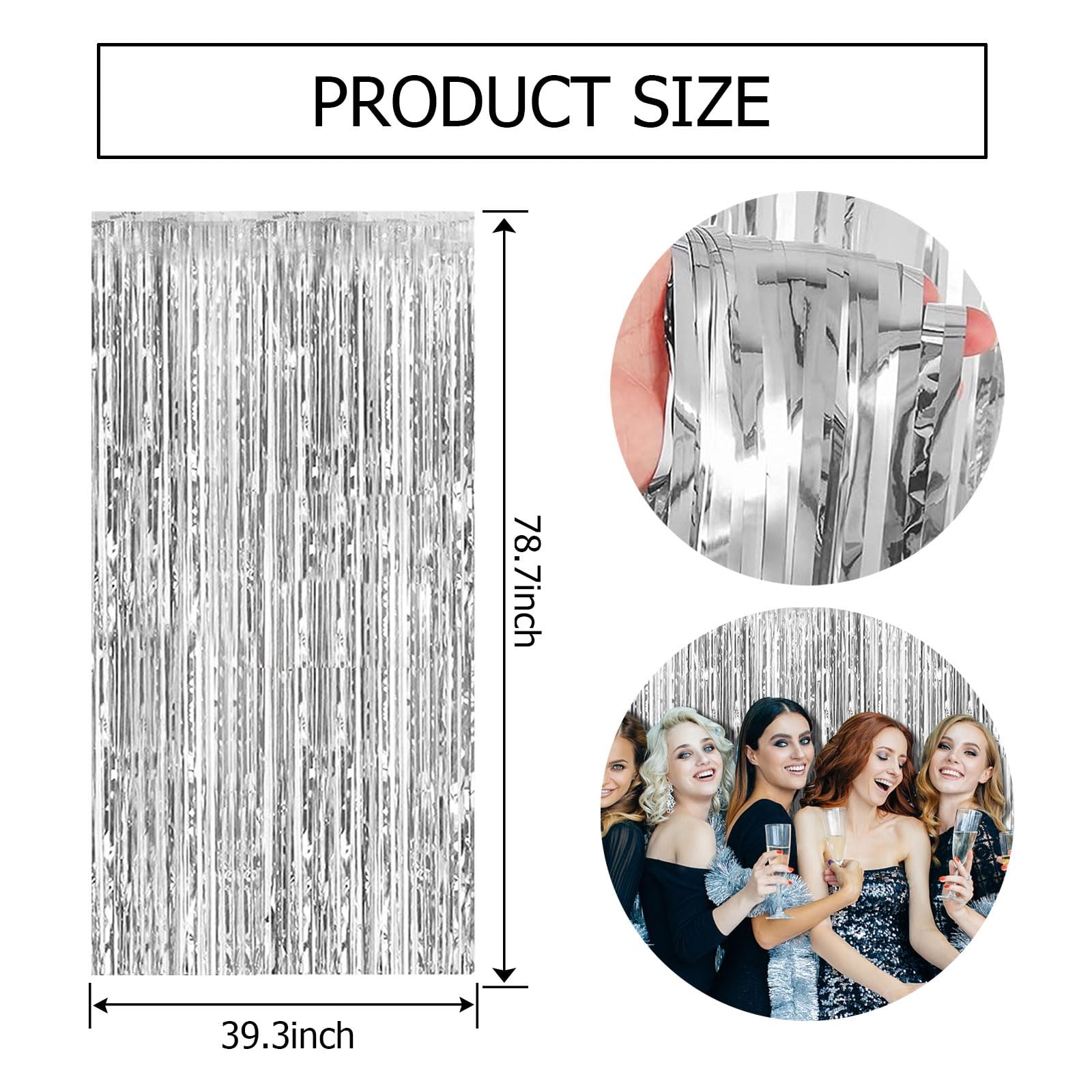 Silver Foil Fringe Backdrop Curtains Metallic Tinsel Party Streamers 3 PCS