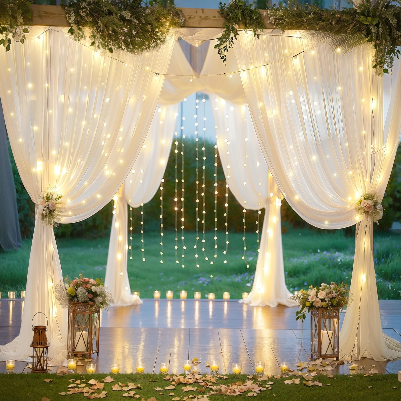 10×10 FT Ivory Chiffon Backdrop Curtain With Lights String Wrinkle Free