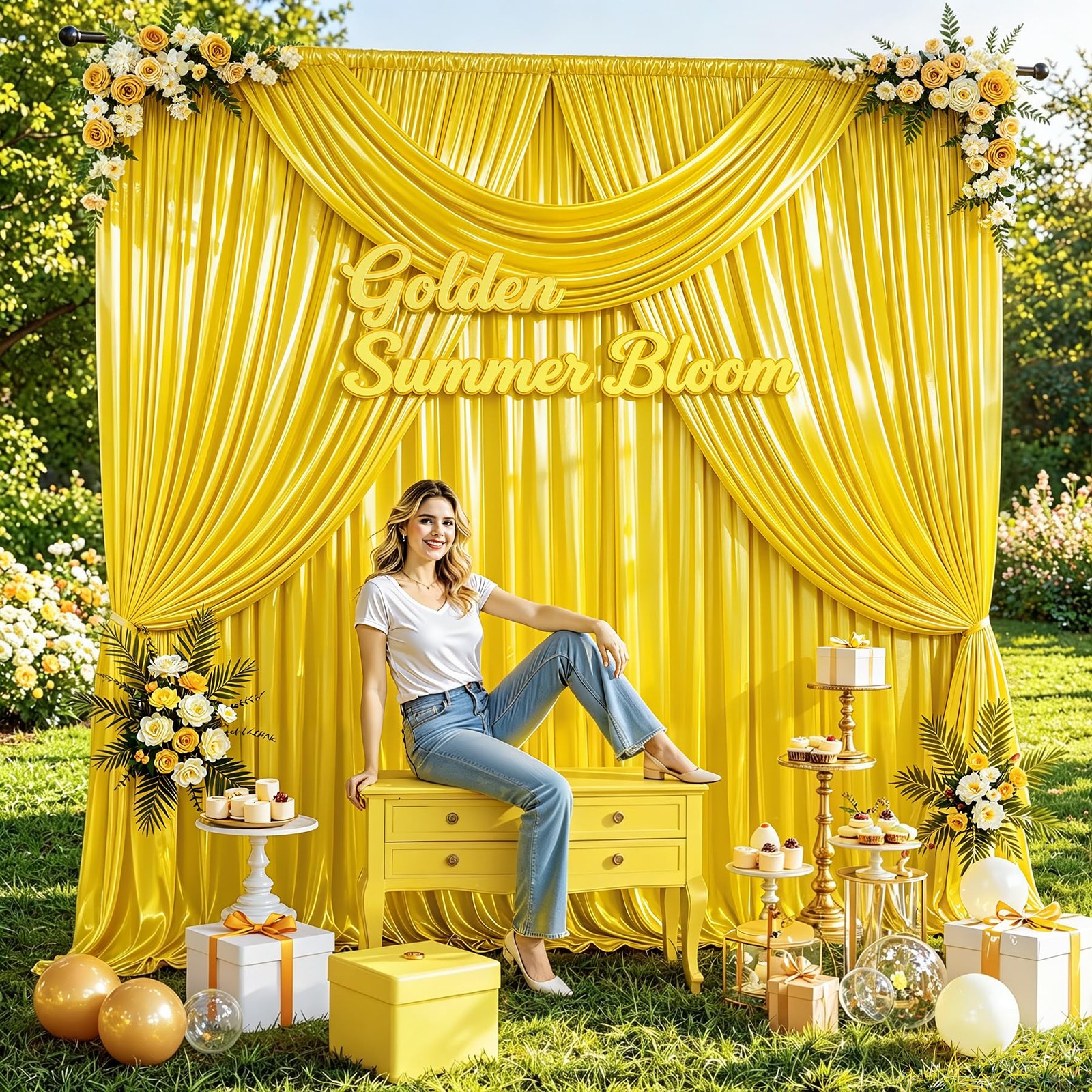 40x10ft Yellow Gold Glitter Backdrop Curtain W5 x H10′(8 Panels),