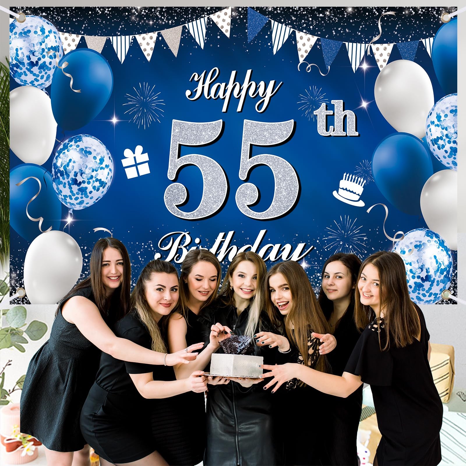 Happy 55th Birthday Decorations for Boys Girls Blue Birthday Banner for Party…