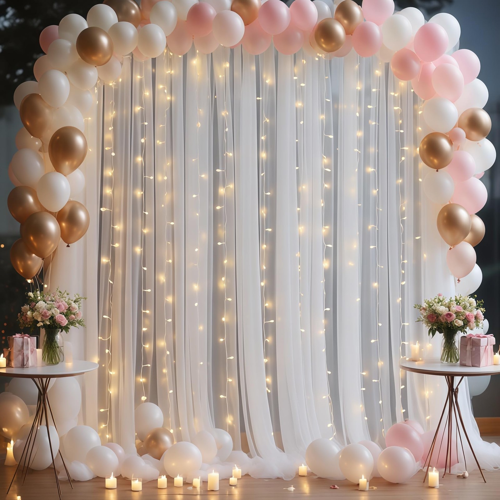 10×10ft White Tulle Backdrop Curtain with Lights String for Parites, Sheer Cu…