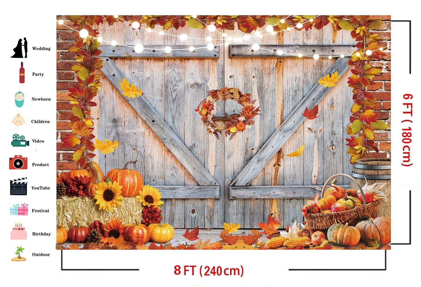 8×6 FT Fall Thanksgiving Backdrop Autumn Pumpkin Harvest Barn Door Photography