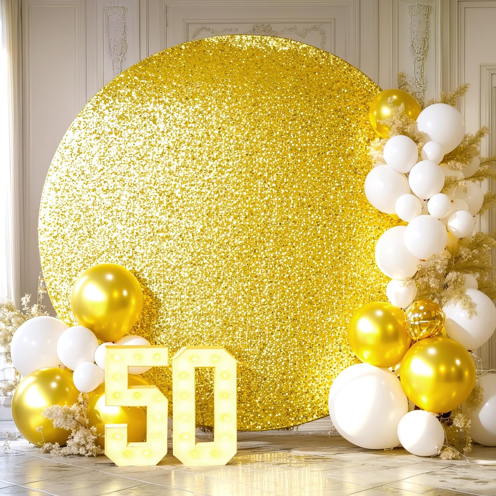 6.5FT Gold Sequins Round Backdrop Cover – Sparkly Glitter Round Arch Stands C…