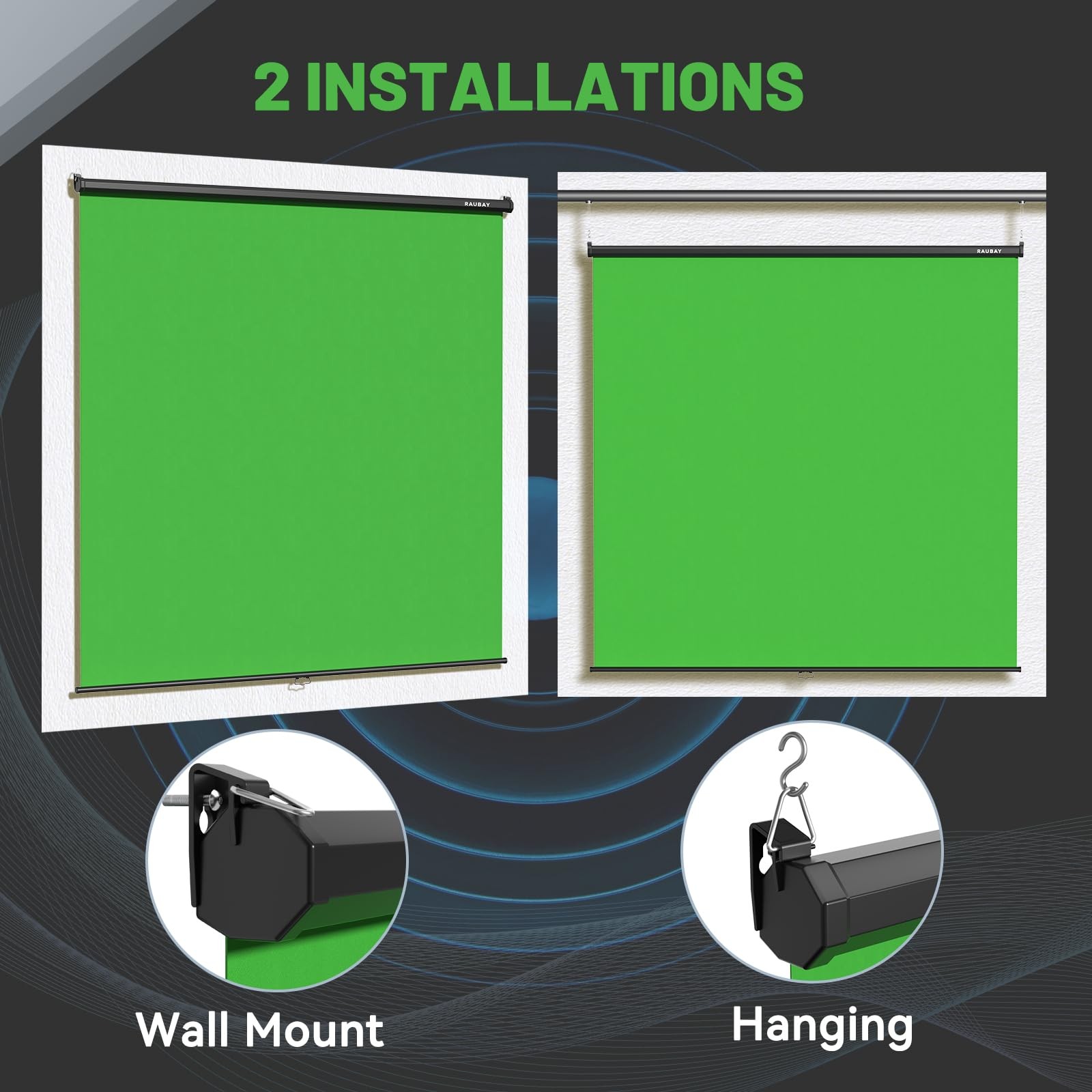RAUBAY Retractable Pull Down Green Screen – 78.7″ Wider(78.7 x 86.6in),