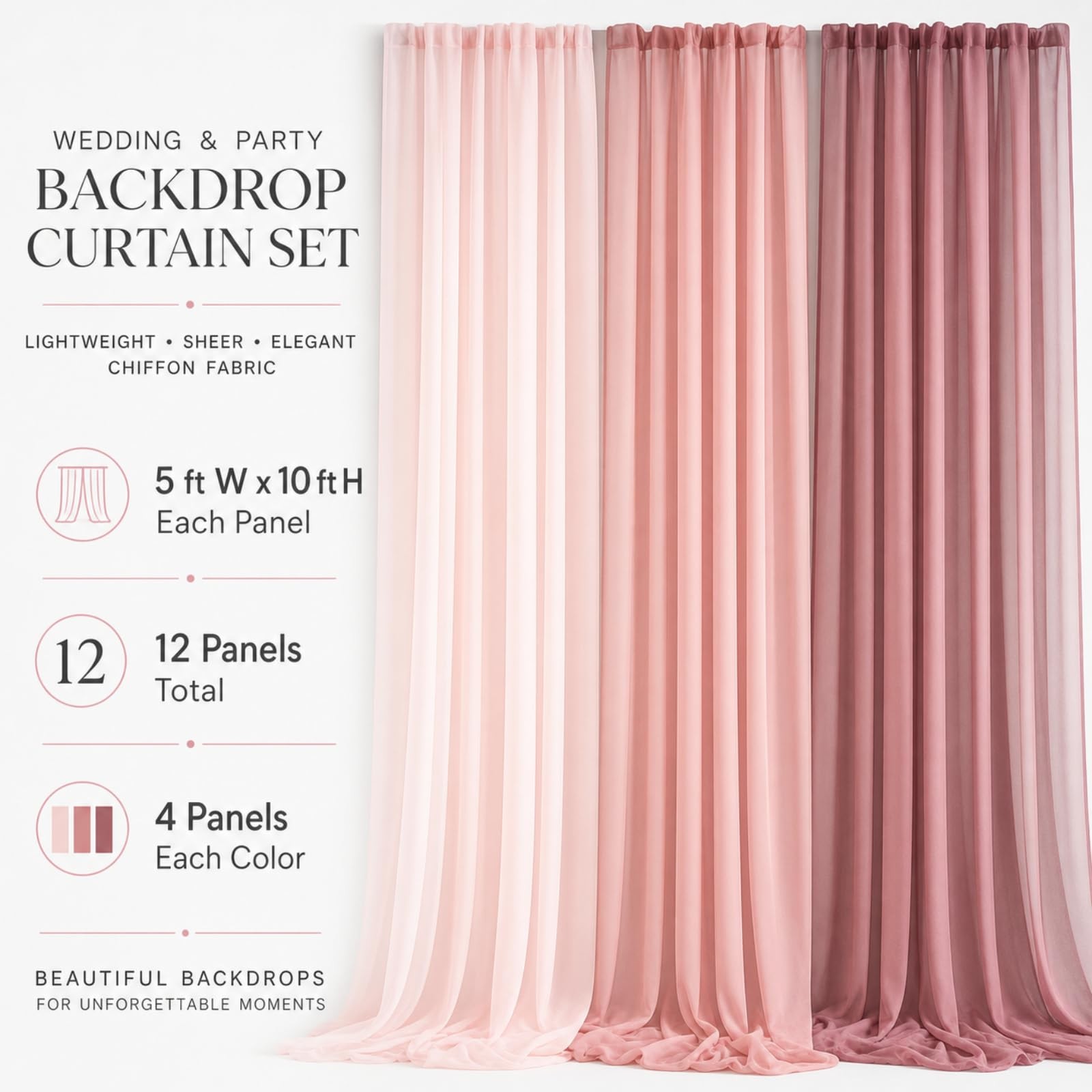 8 PCS 12×10 FT Dusty Rose Pink Chiffon Backdrop Curtains Wedding Party Photo