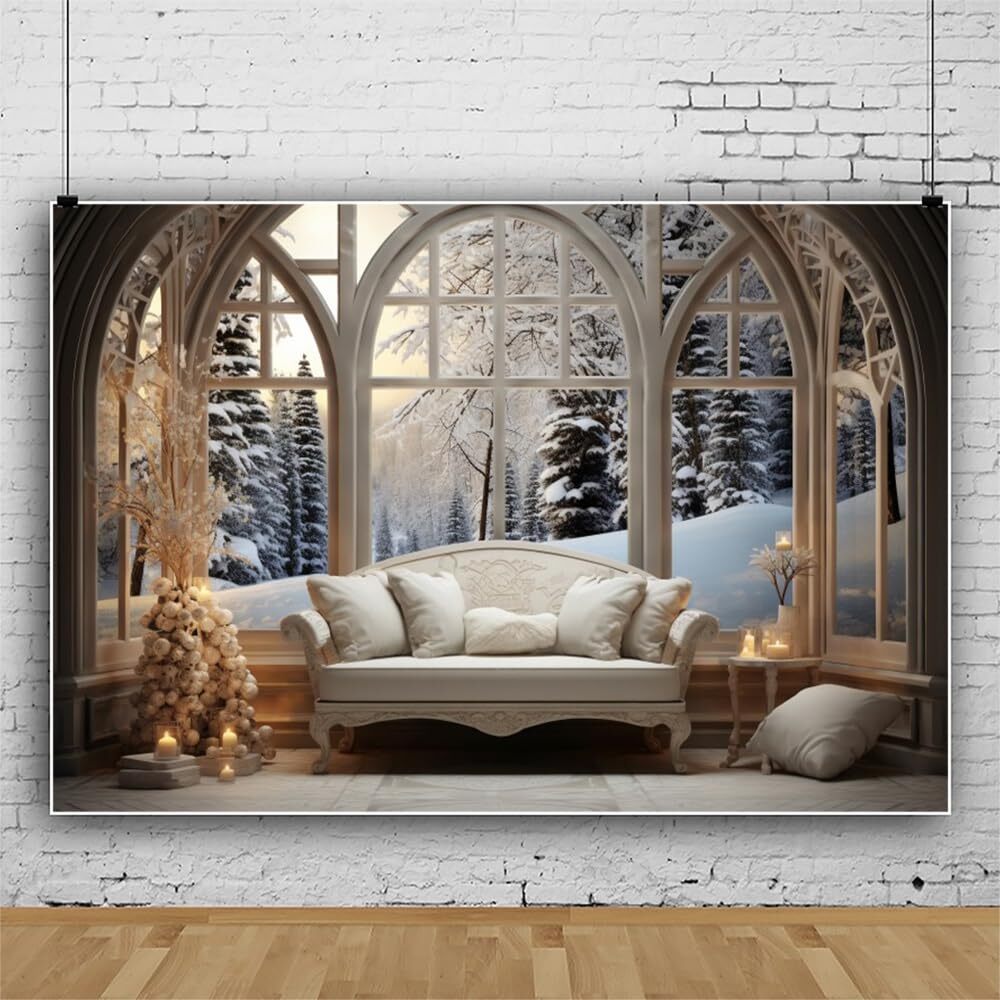 10x8ft Vinyl Christmas Backdrop White Couch Window Forest Snowscape Winter Co…