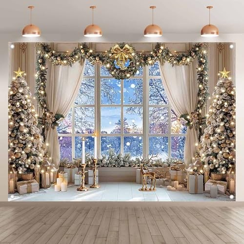 7x5ft White Snow Forest Scene Fabric Backdrop for Christmas Window