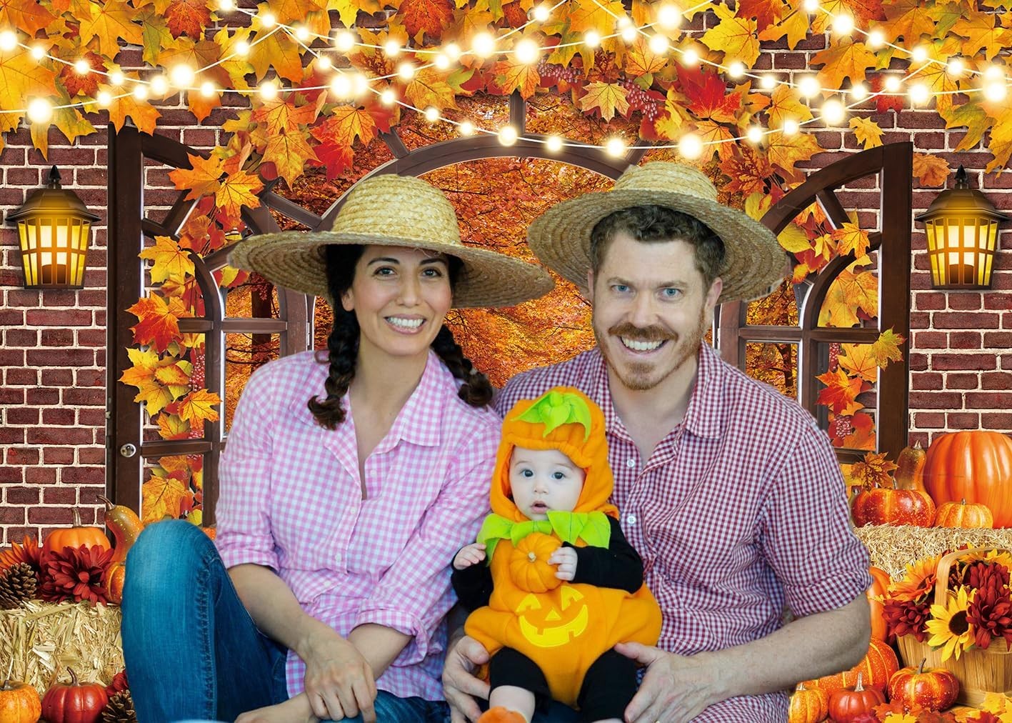 10x8FT Fall Window Backdrop Autumn Harvest Pumpkins Maple Leaves Vinyl Photo