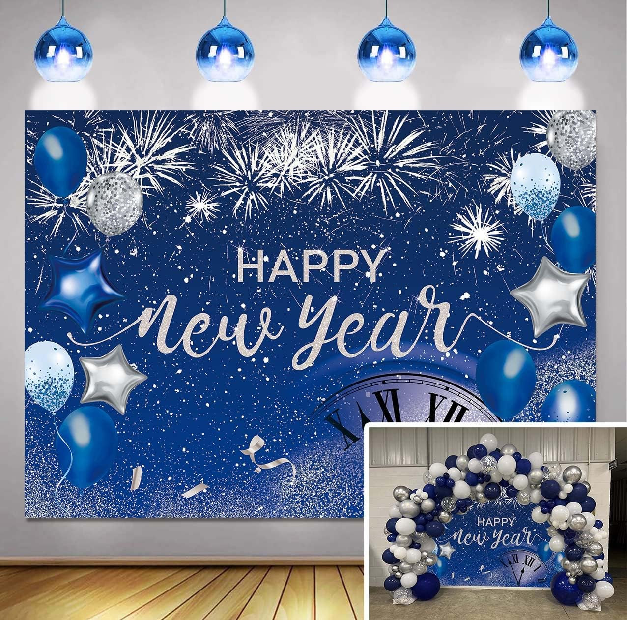 Happy New Year Backdrop 2026 Glitter Blue Fireworks New Years Eve Photography Ba