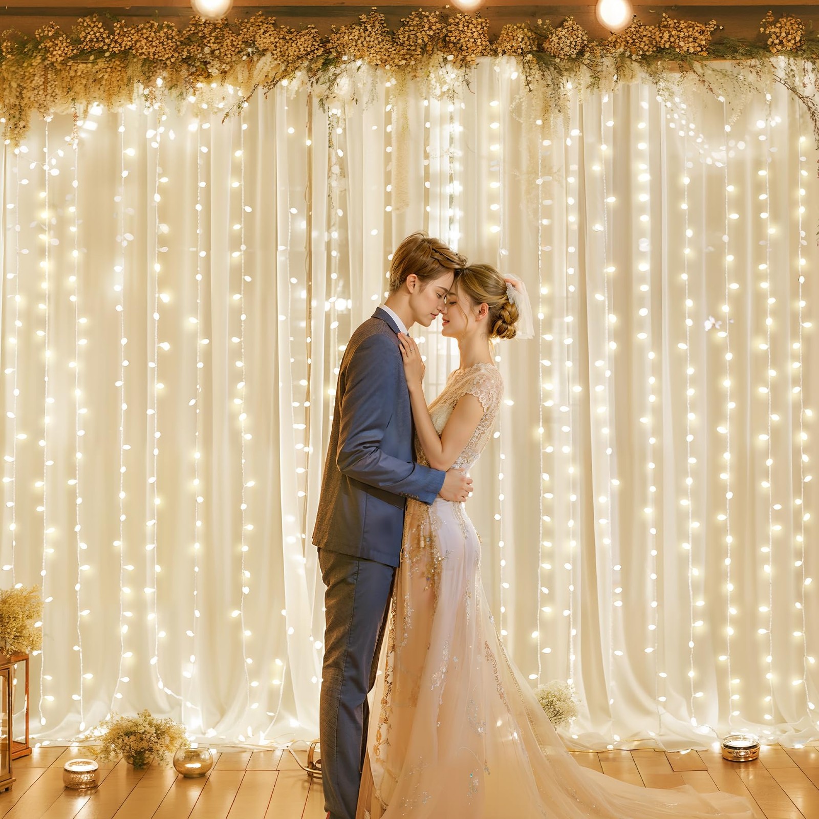 10×10 FT Ivory Chiffon Backdrop Curtain With Lights String Wrinkle Free