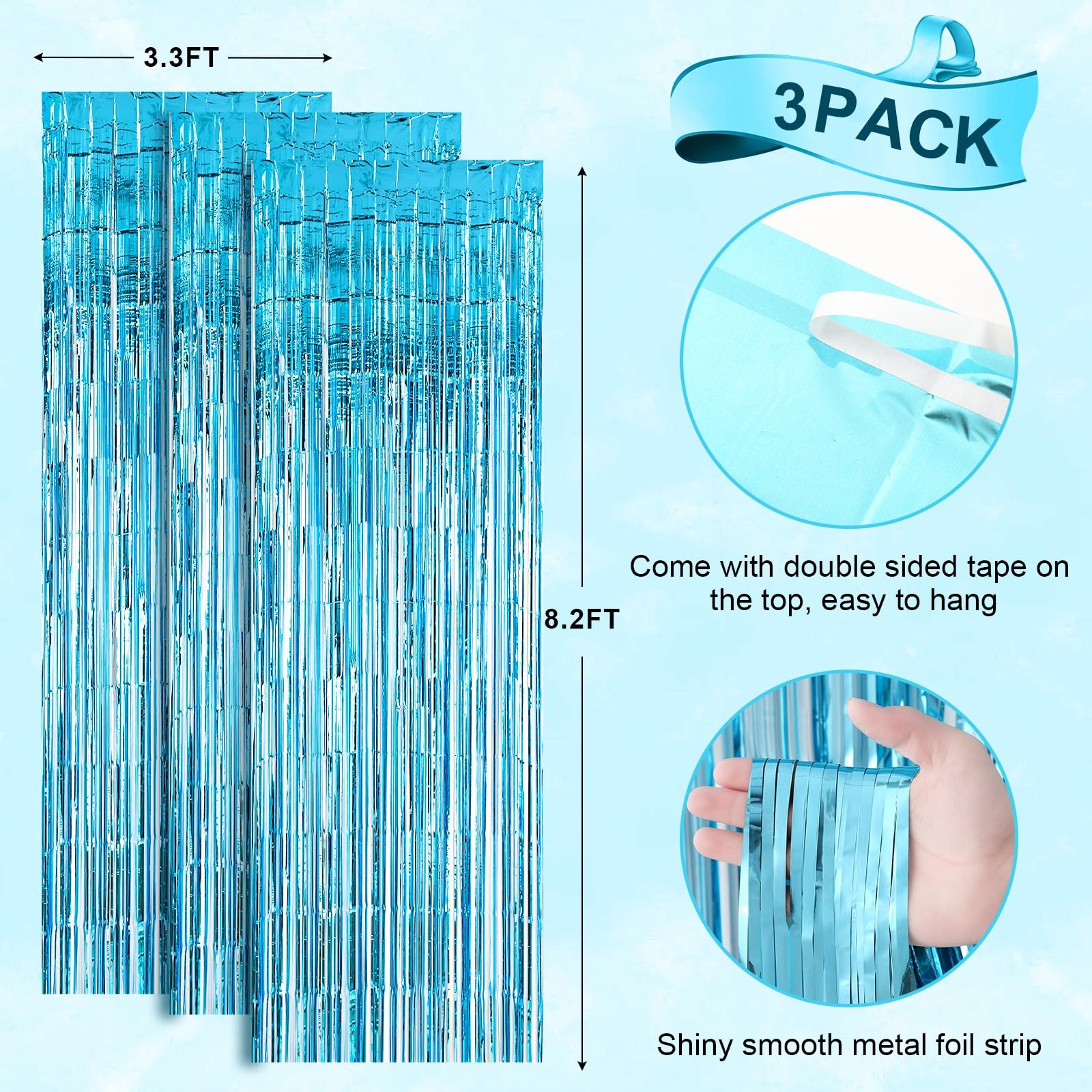 3 PCS 3.3×8.2 Ft Light Blue Foil Fringe Backdrop Curtain Tinsel Party Decor