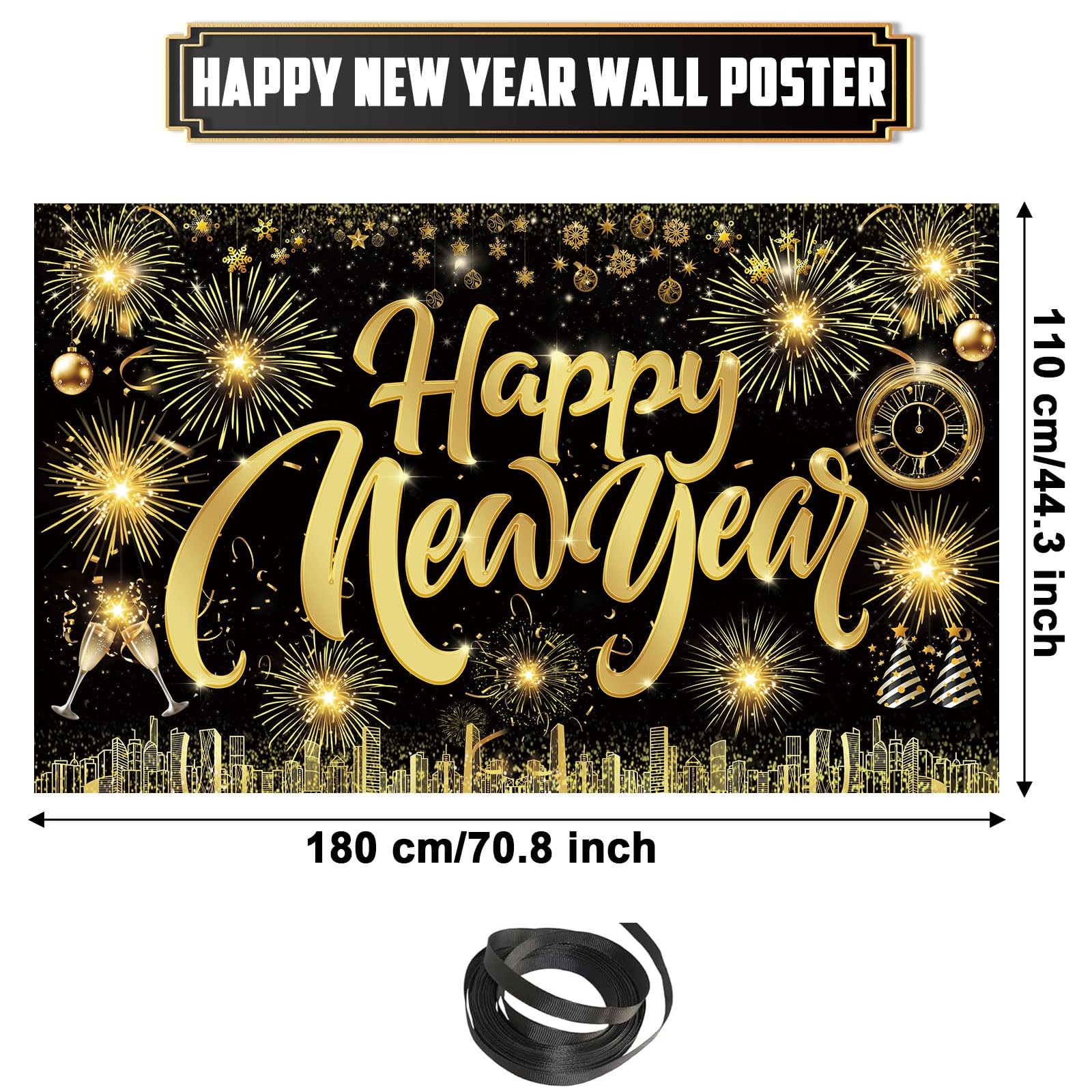 Famoby Happy New Year Fabric Sign Poster Banner Backdrop with X-Large, black