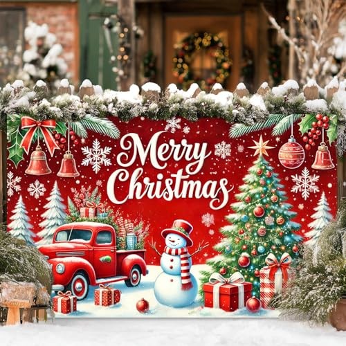 Red Truck Backdrop with Snowman 71×43 Inch Merry Christmas Banner