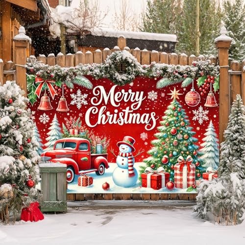Red Truck Backdrop with Snowman 71×43 Inch Merry Christmas Banner