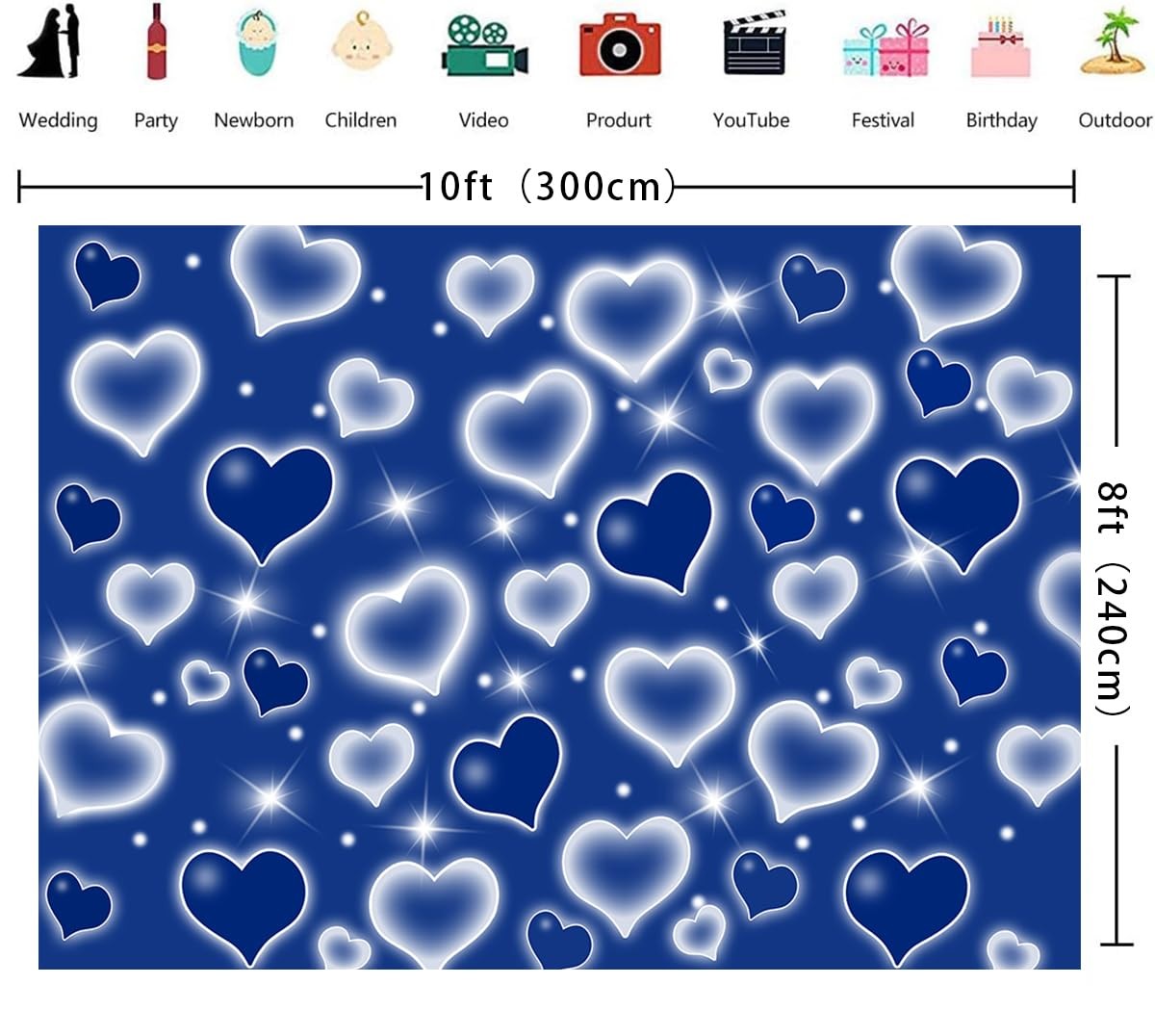 Royal Blue Early 2000s Heart Photo Backdrop 10x8FT Glitter Love Heart Congrat…