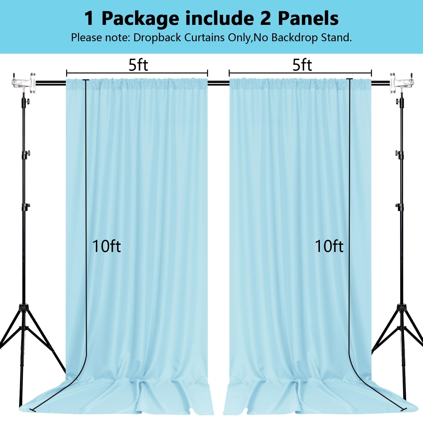 2 Panels 5ft x 10ft Baby Blue Backdrop Curtain, 10x10FT Total, Rod Pocket, Light