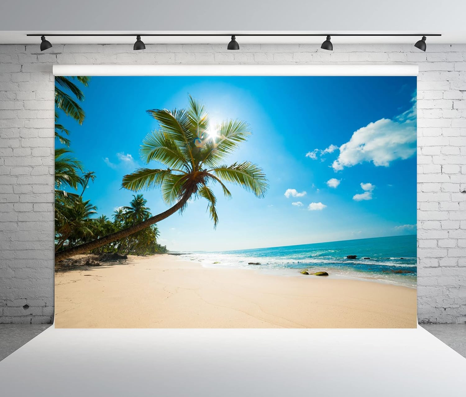 7X5Ft Fabric Tropical Beach Backdrop Background Summer Seaside Sand Beach Palm T