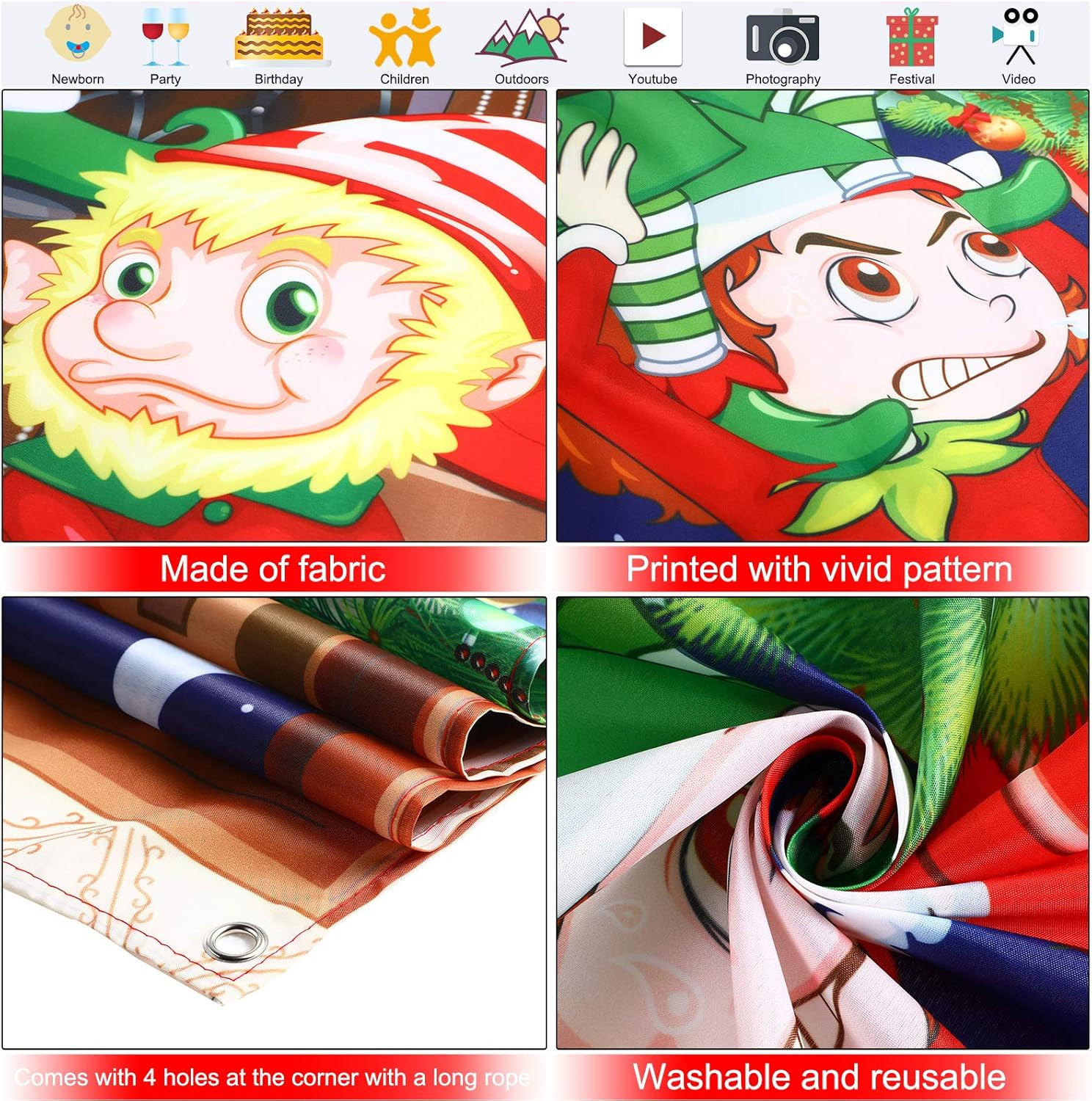 Funny Elves Fabric Door Backdrop – Santa Christmas Photo Booth Backdrop Banner a