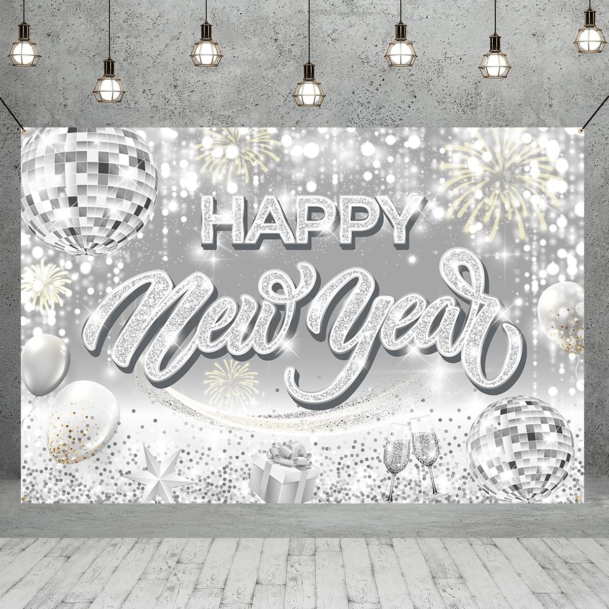 Happy New Year Backdrop-New Years Eve Party 5.9 feet x 3.6 feet, Silvery