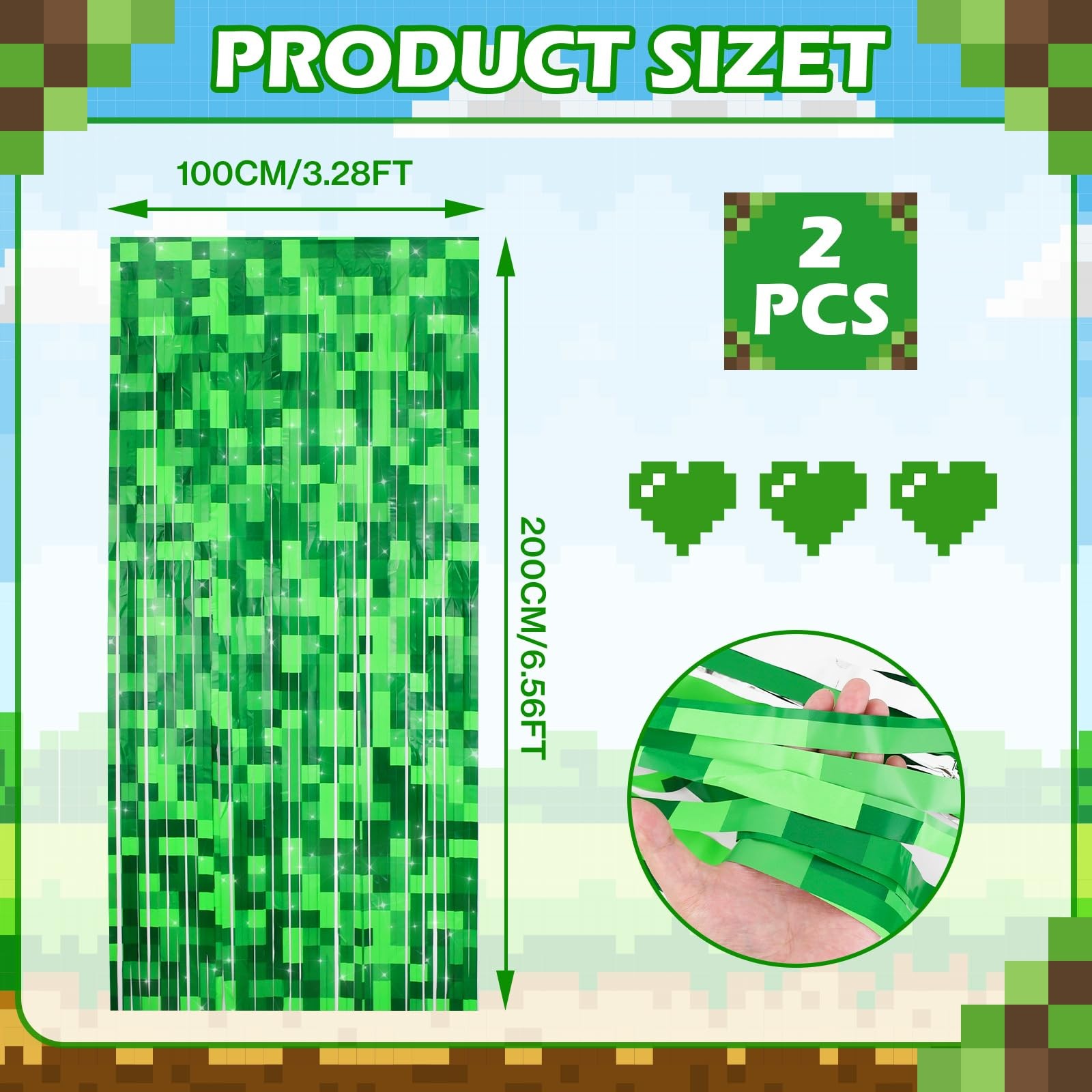 2 Pcs Green Pixel Miner Foil Fringe Curtains