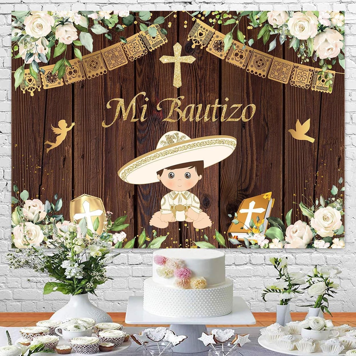 Newborn Mi Bautizo Backdrop Wood White Flower Gold Boy God Bless First Holy C…