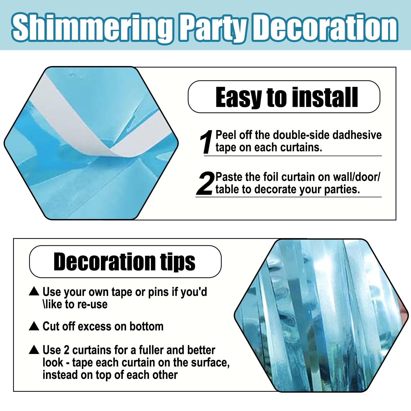 3 PCS Light Blue Foil Fringe Curtain Backdrop Metallic Tinsel Decor 3.28×9.8 Ft