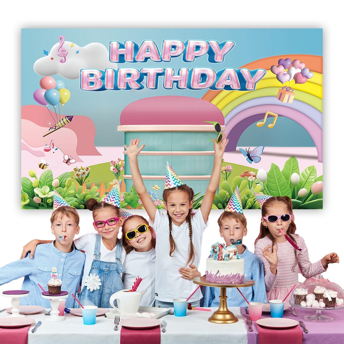5×3 Ft Rainbow Dollhouse Birthday Party Backdrop Decorations Theme Supplies