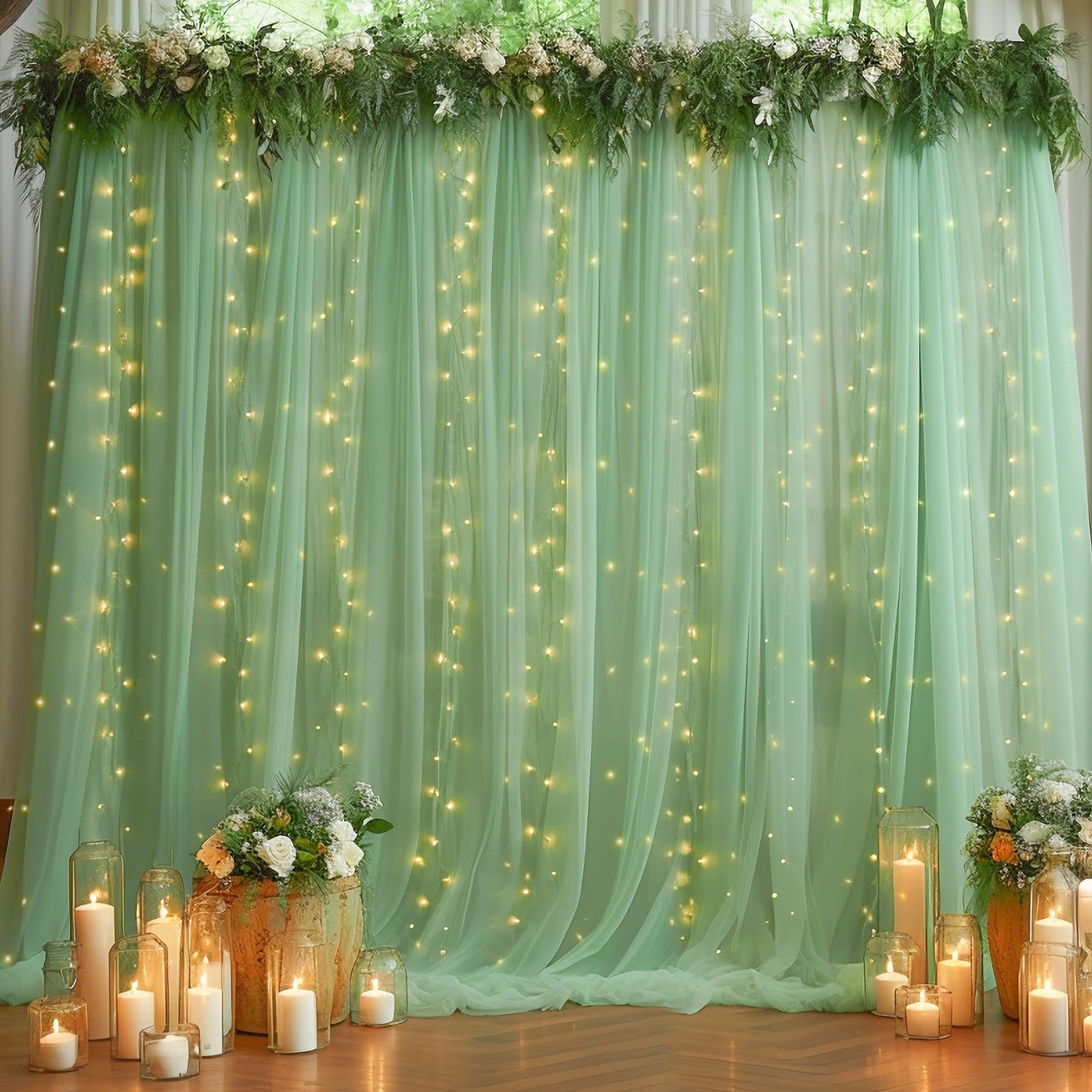 10x10ft Green Tulle Backdrop Curtain, String Lights, Sheer Photo Drapes, Party