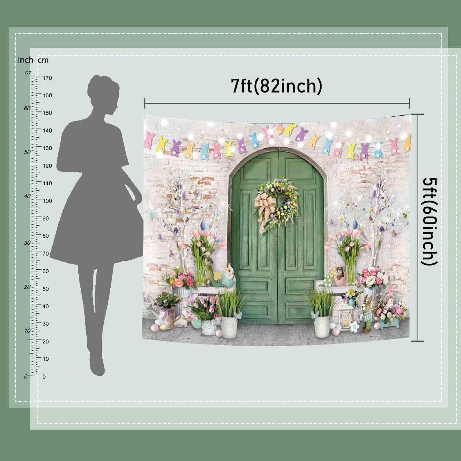 Easter Backdrop Green Wooden Doors Brick Wall Bunny Rabbit Spring Photography B