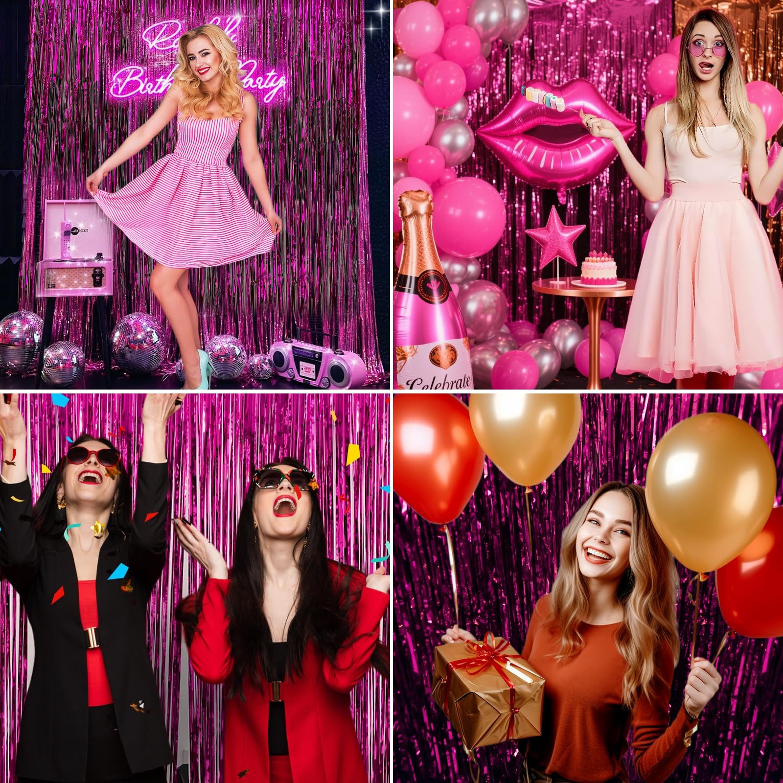 2 Pack Hot Pink Backdrop Party Decorations Tinsel Foil Fringe Curtain Backdrop