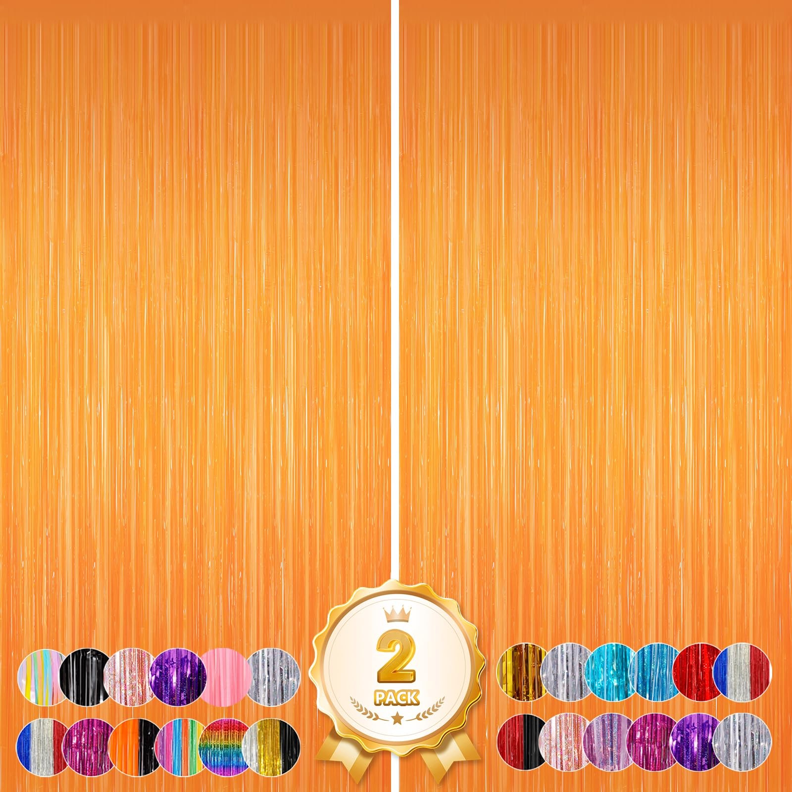 2 PCS Orange Tinsel Backdrop Curtains Metallic Party Streamer Fringe Foil