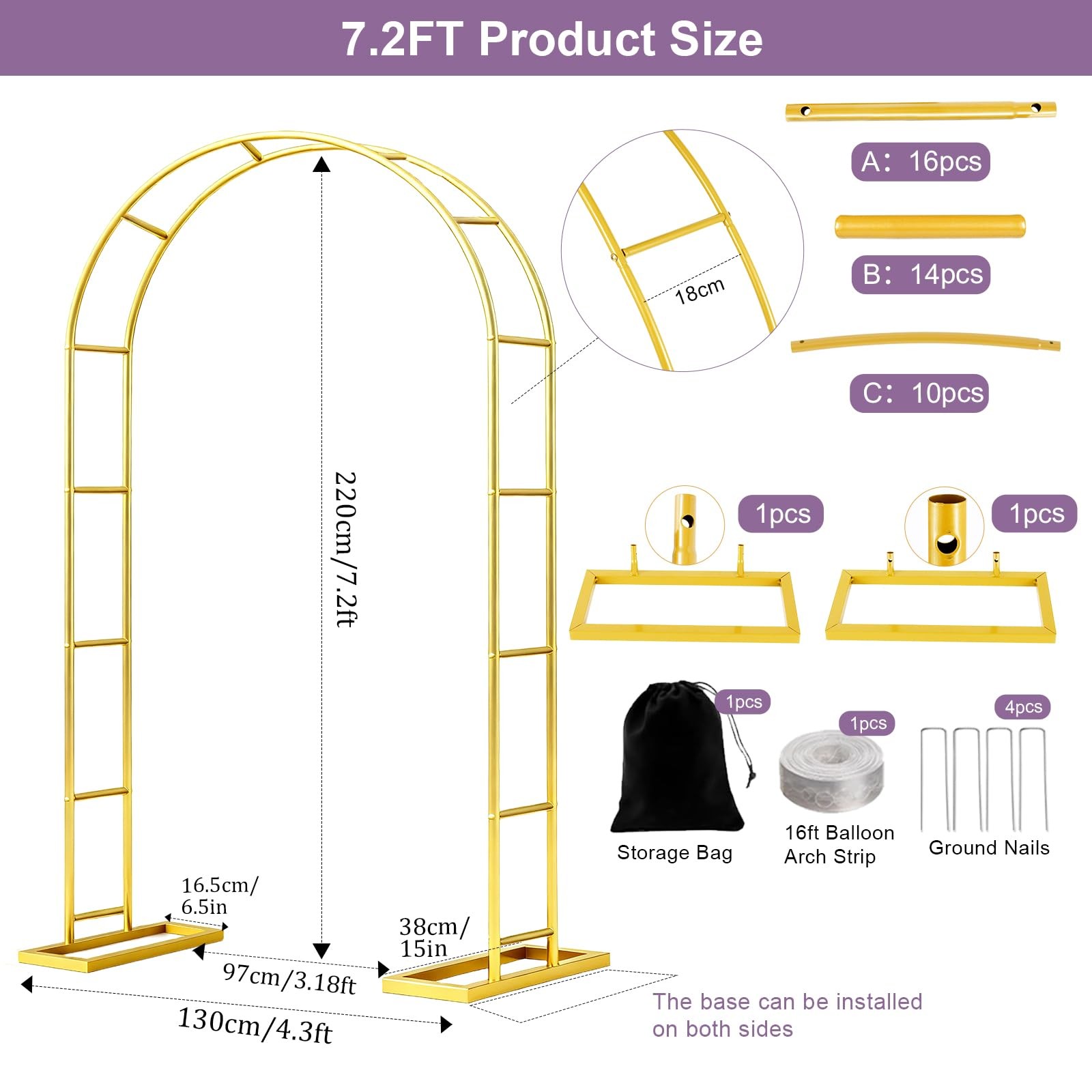 7.2FT Metal Garden Arch Trellis Arbor, Wedding Arch Stand with Steel Frame, M…