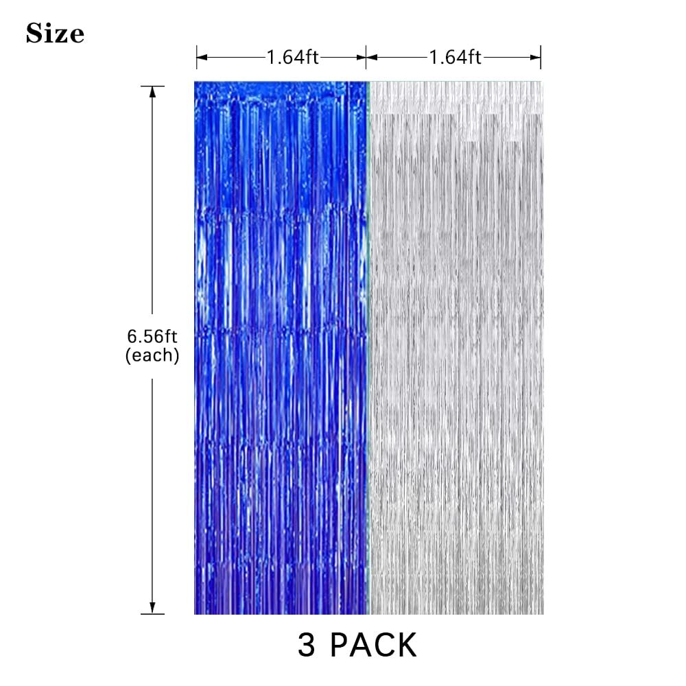 3 Pack Blue Silver Graduation Backdrop 2025 Metallic Foil Curtain Birthday