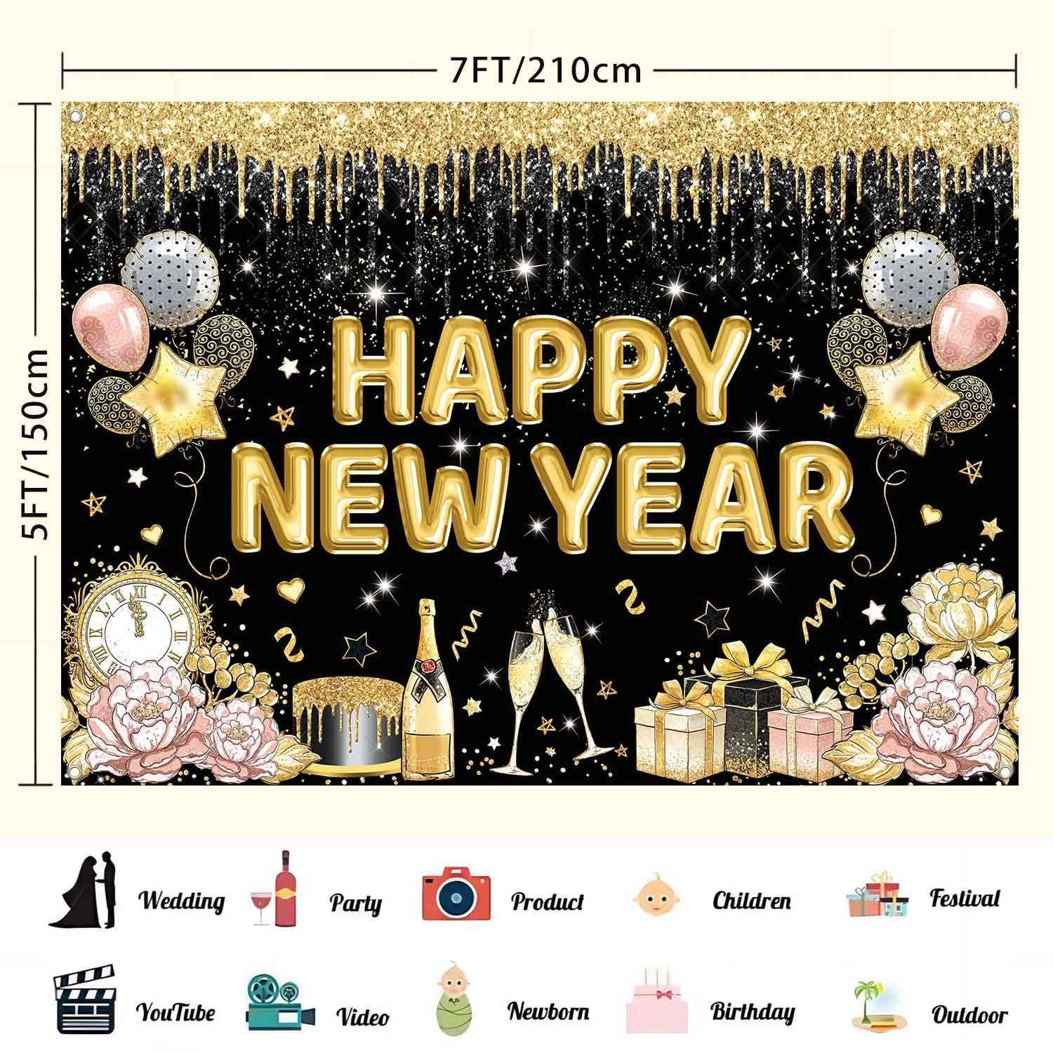 Happy New Year Banner Backdrop for New Years Decorations 2026 Large Black and…
