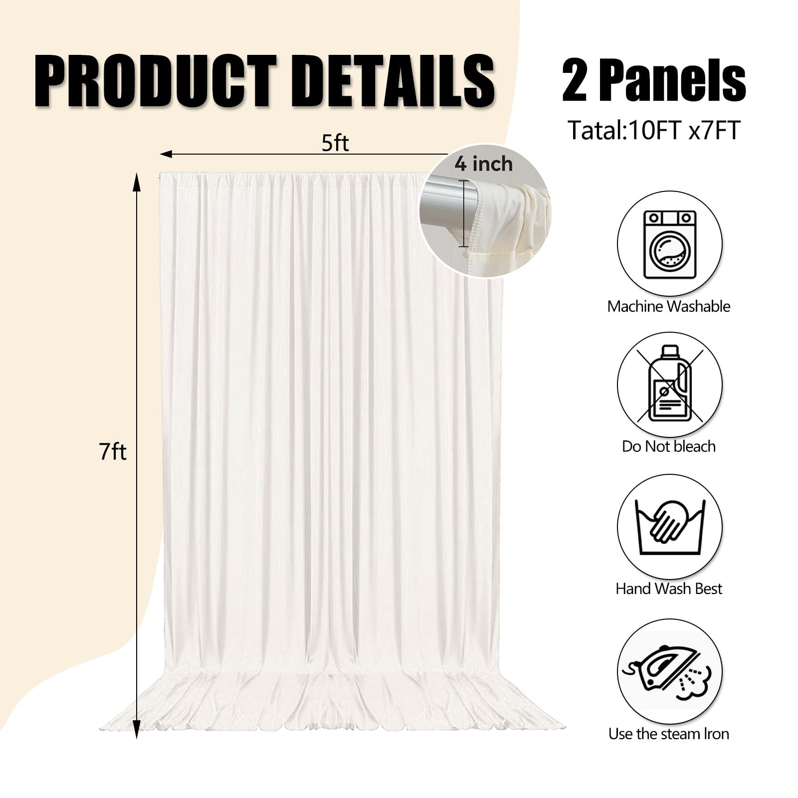 2 PCS 10×7 Ft Ivory White Backdrop Curtains Polyester Fabric Drapes Wedding