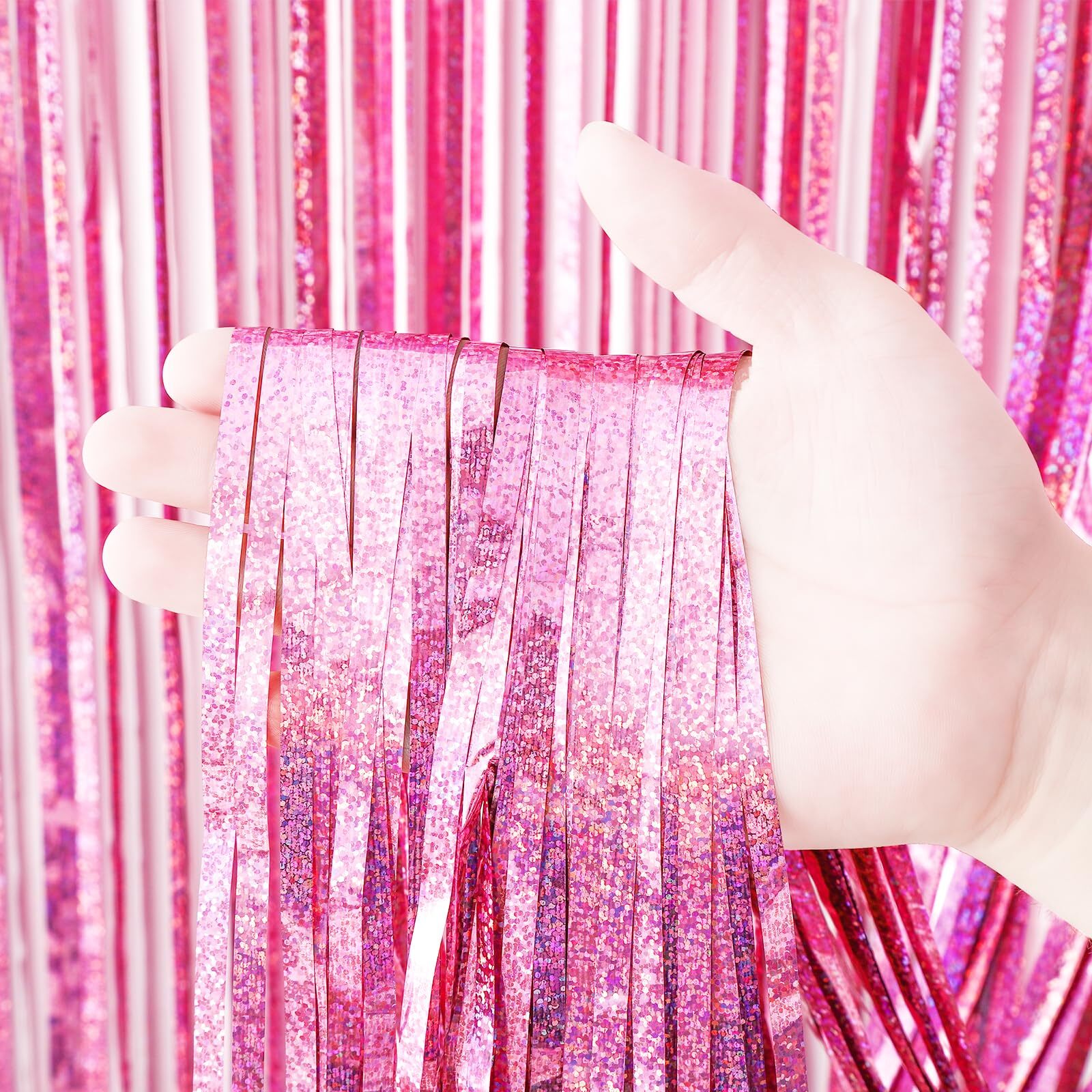 3 Pack Laser Pink Foil Fringe Curtains 3.3×8.2ft Baby Shower Disco Decor