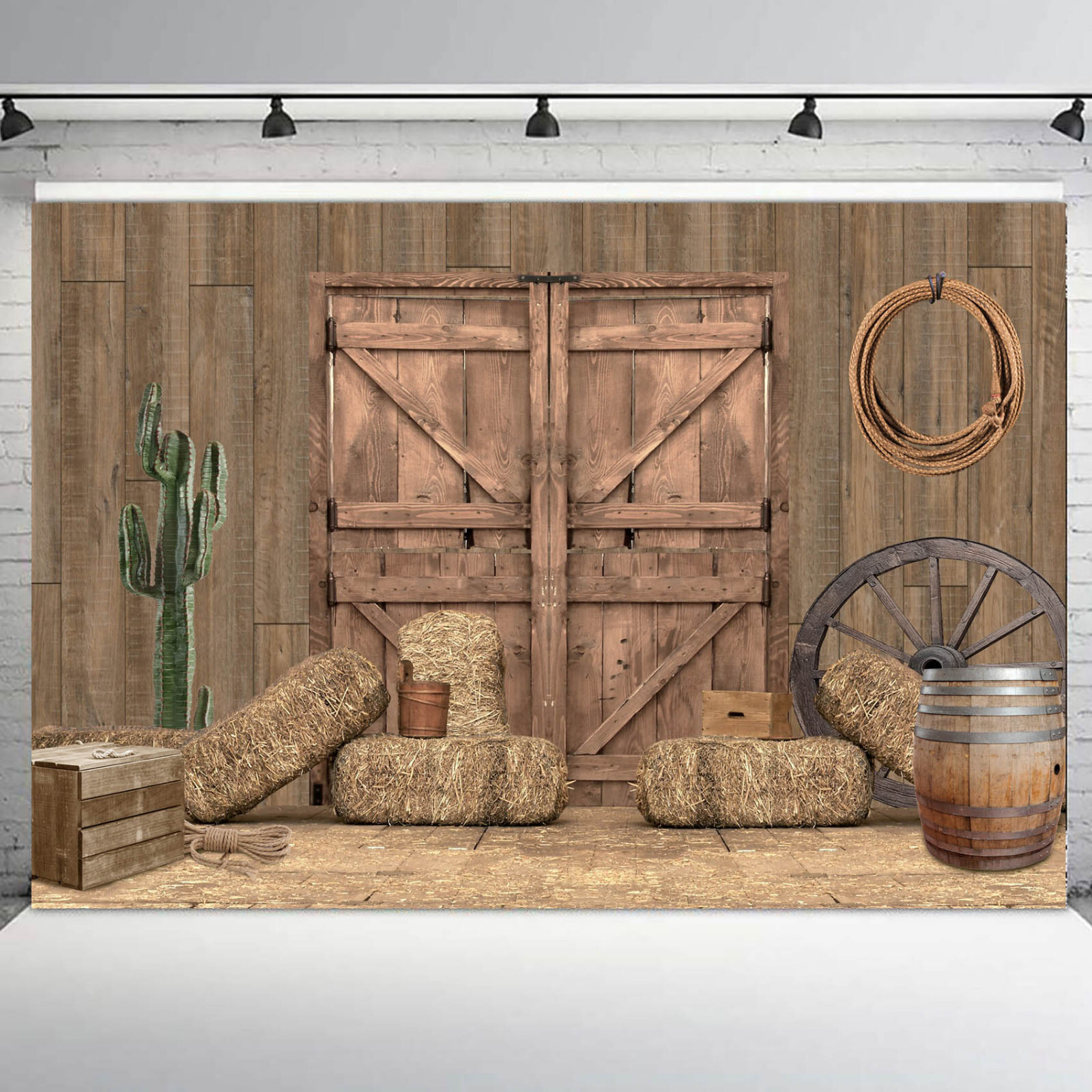 10x8ft Western Green Cactus Wood Barn Door Brown Vinyl Backdrop Photo Background