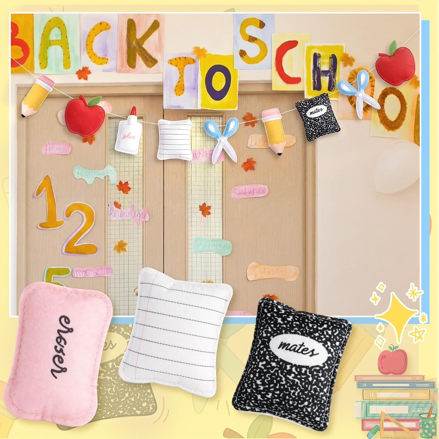 Apple Composition Notebooks Pencil Garland Felt Banner for Back to School Decora