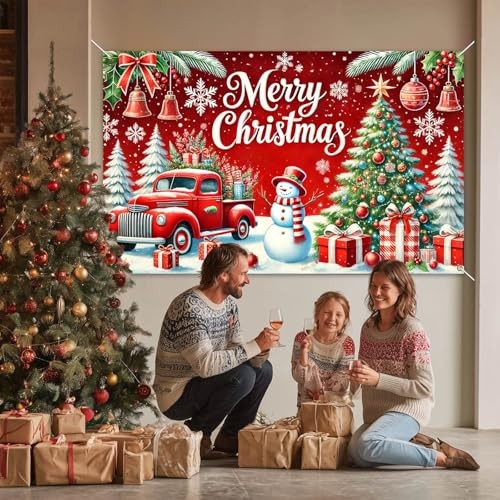 Red Truck Backdrop with Snowman 71×43 Inch Merry Christmas Banner