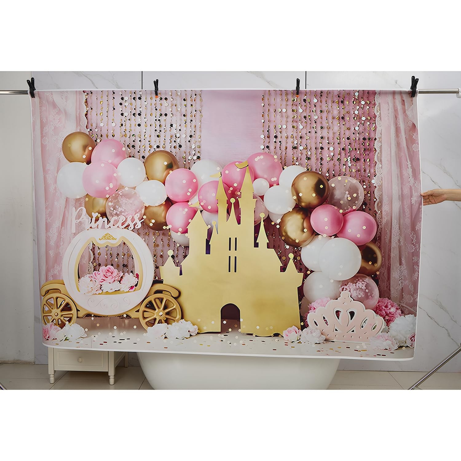 7x5ft Pink Balloons Princess Birthday Backdrop Sweet One Castle Photography B…