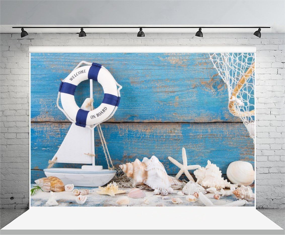 9x6ft Blue Wooden Splint Board Sailor Photo Backdrop Nautical Anchor Starfish
