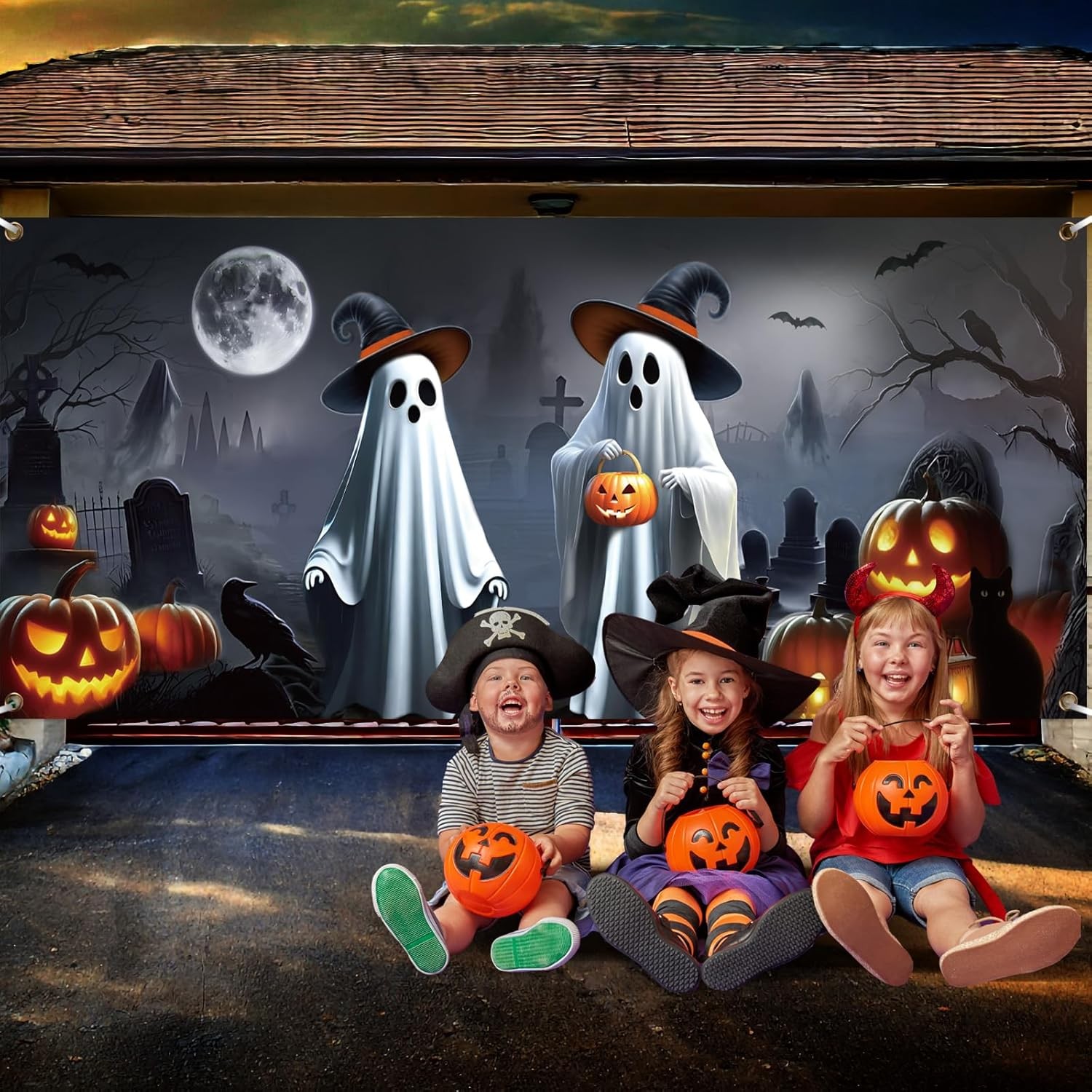 Preboun Halloween Ghost Garage Door 7 x 16 ft, as shown in the picture