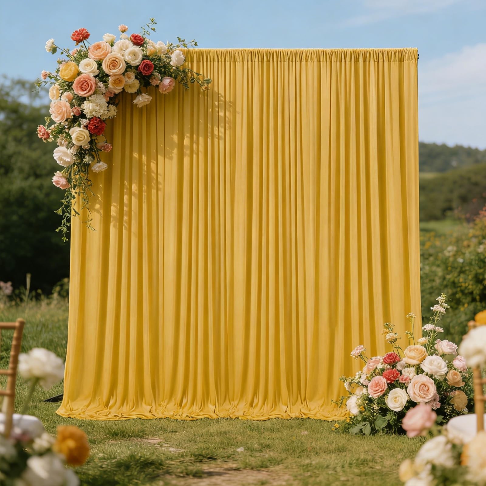 2 PCS 10×7 FT Gold Backdrop Curtains Polyester Drapes Rod Pockets Party Decor