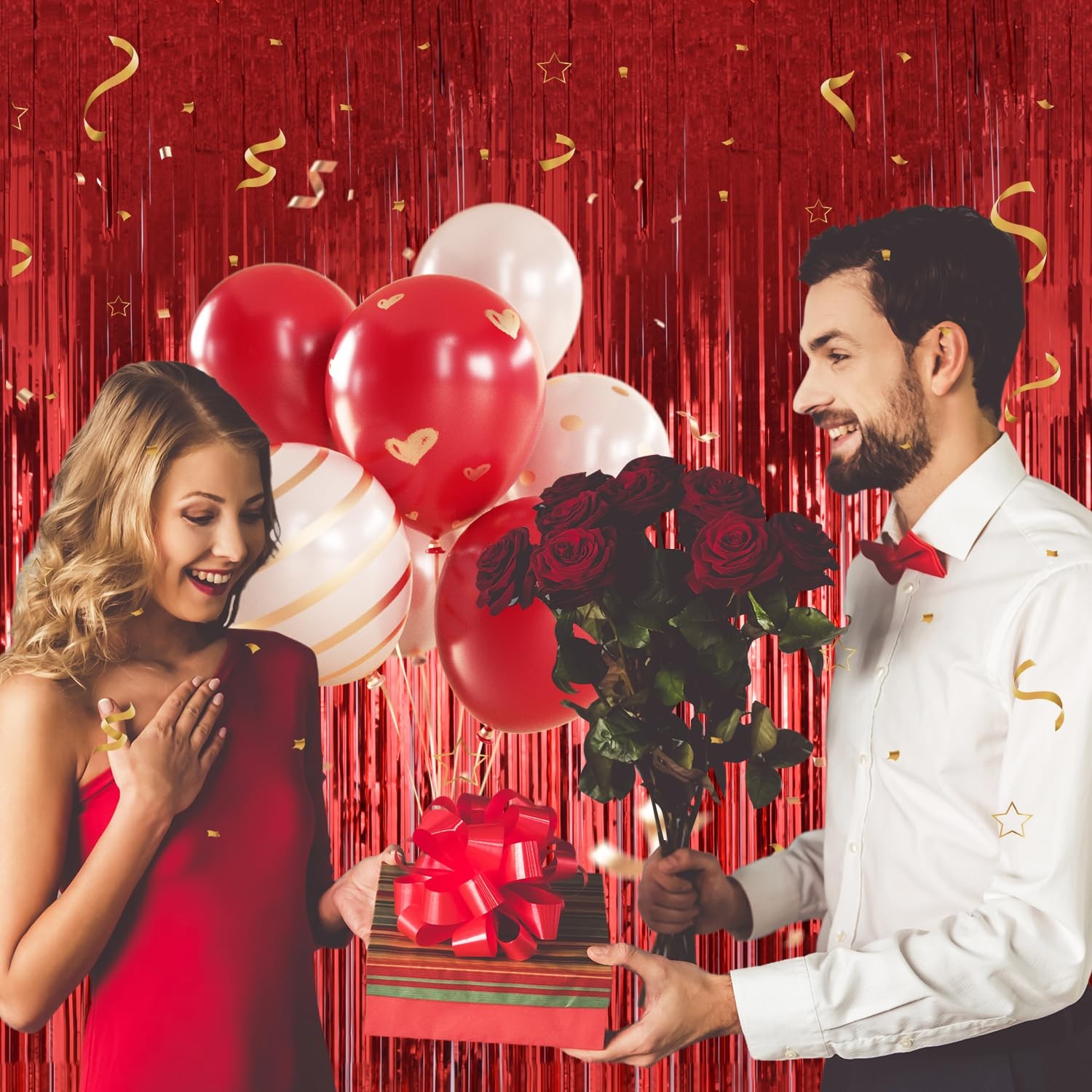 2 Pack Red Curtains Backdrop Tinsel Streamers Party Decorations 3.3×8.2 Ft