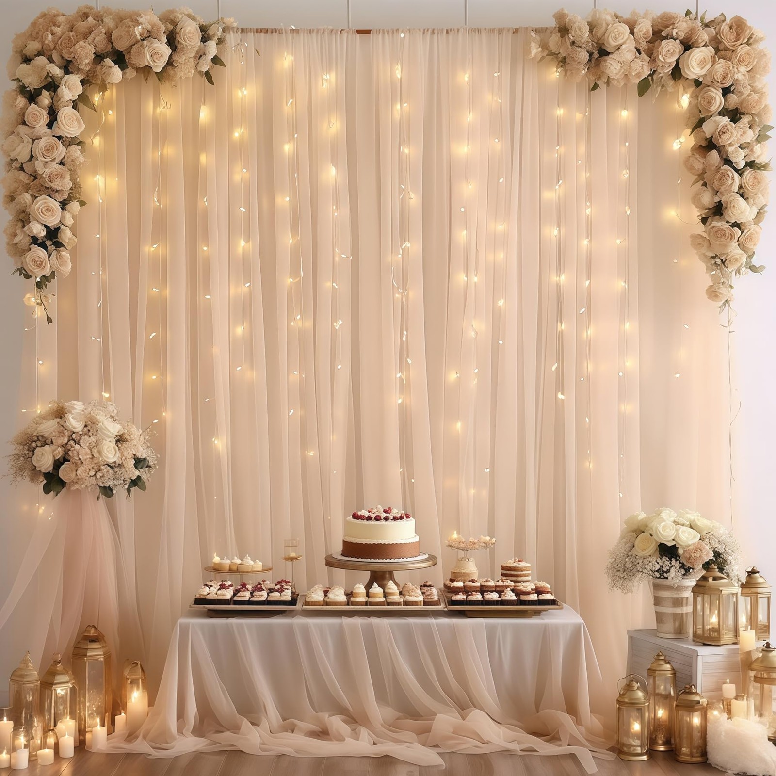 10×10ft Champagne Tulle Backdrop Curtain with Lights String for Parites, Shee…