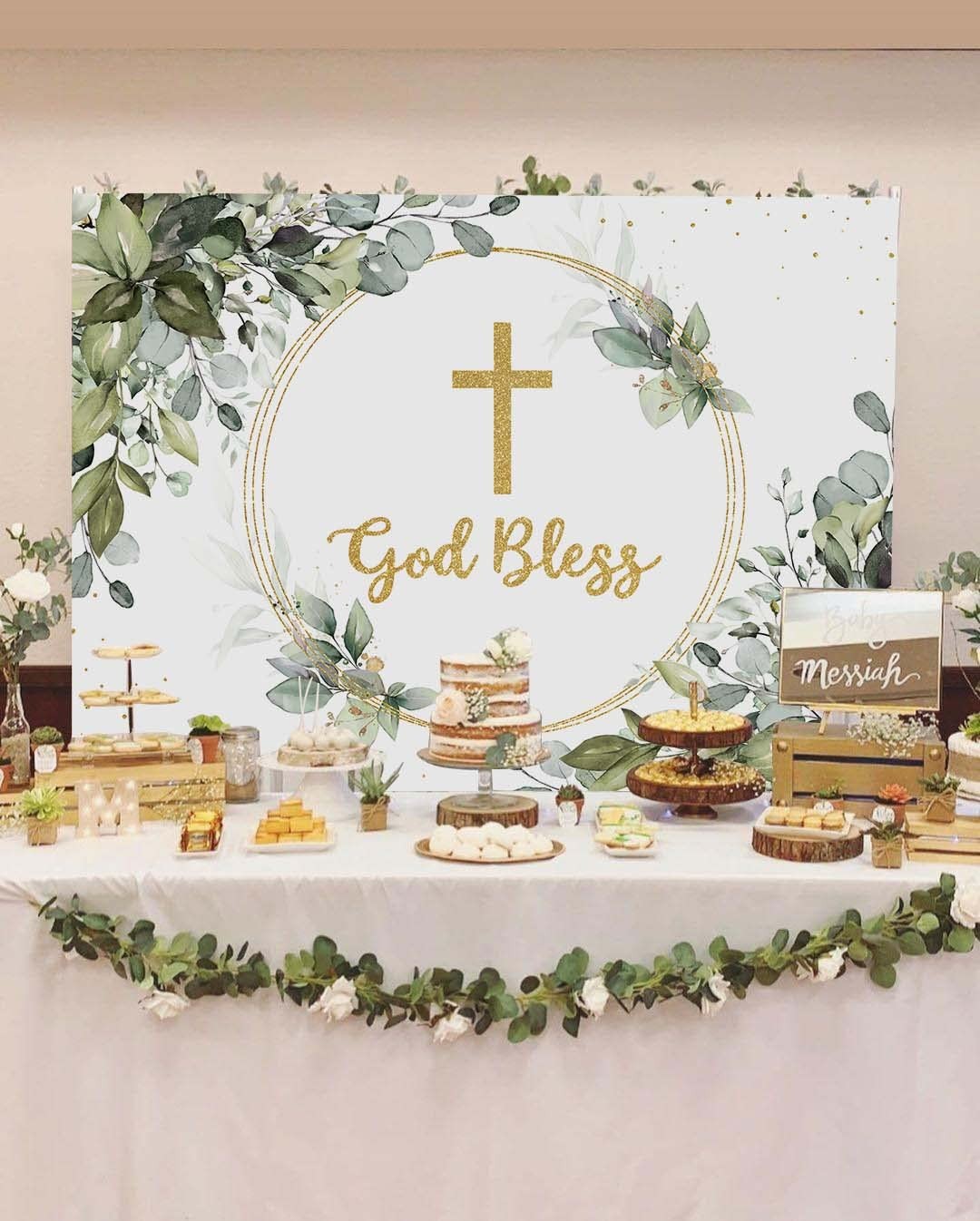7x5ft Greenery “God Bless” Backdrop First Holy Communion Baptism Background