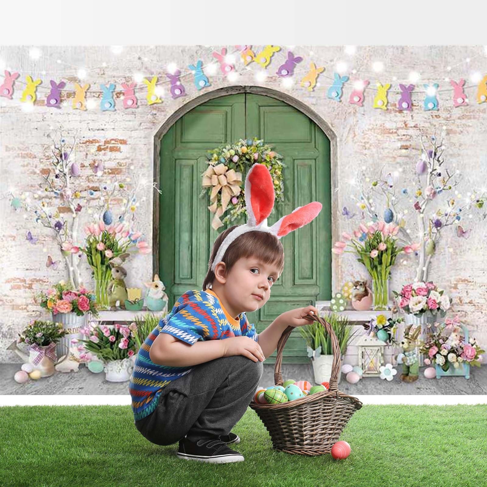 Easter Backdrop Green Wooden Doors Brick Wall Bunny Rabbit Spring Photography B